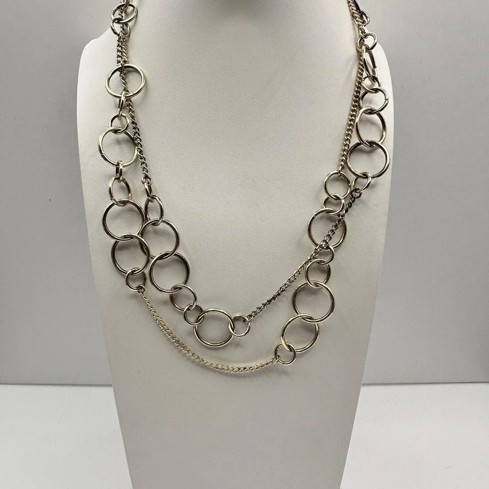 Vintage‎ 90s Jewelry Multi Layer Circle Link Statement Necklace Gold Tone Chain